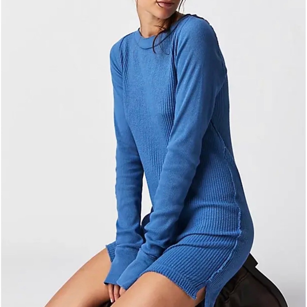 Free People Care Honey B Crew Neck Thermal Waffle Knit Top Copenhagen Blue S NWT